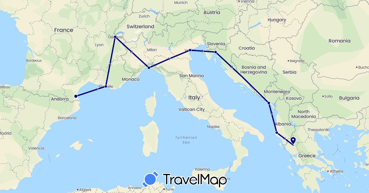 TravelMap itinerary: driving in Albania, Switzerland, France, Greece, Croatia, Italy, Montenegro (Europe)